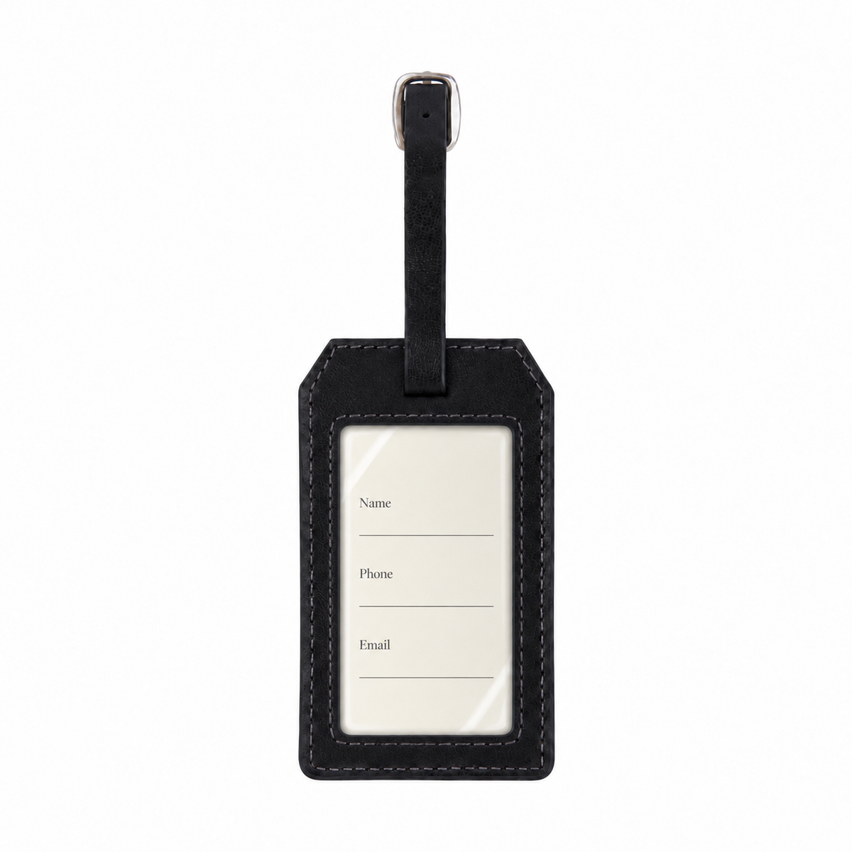 Black leather luggage tag, front