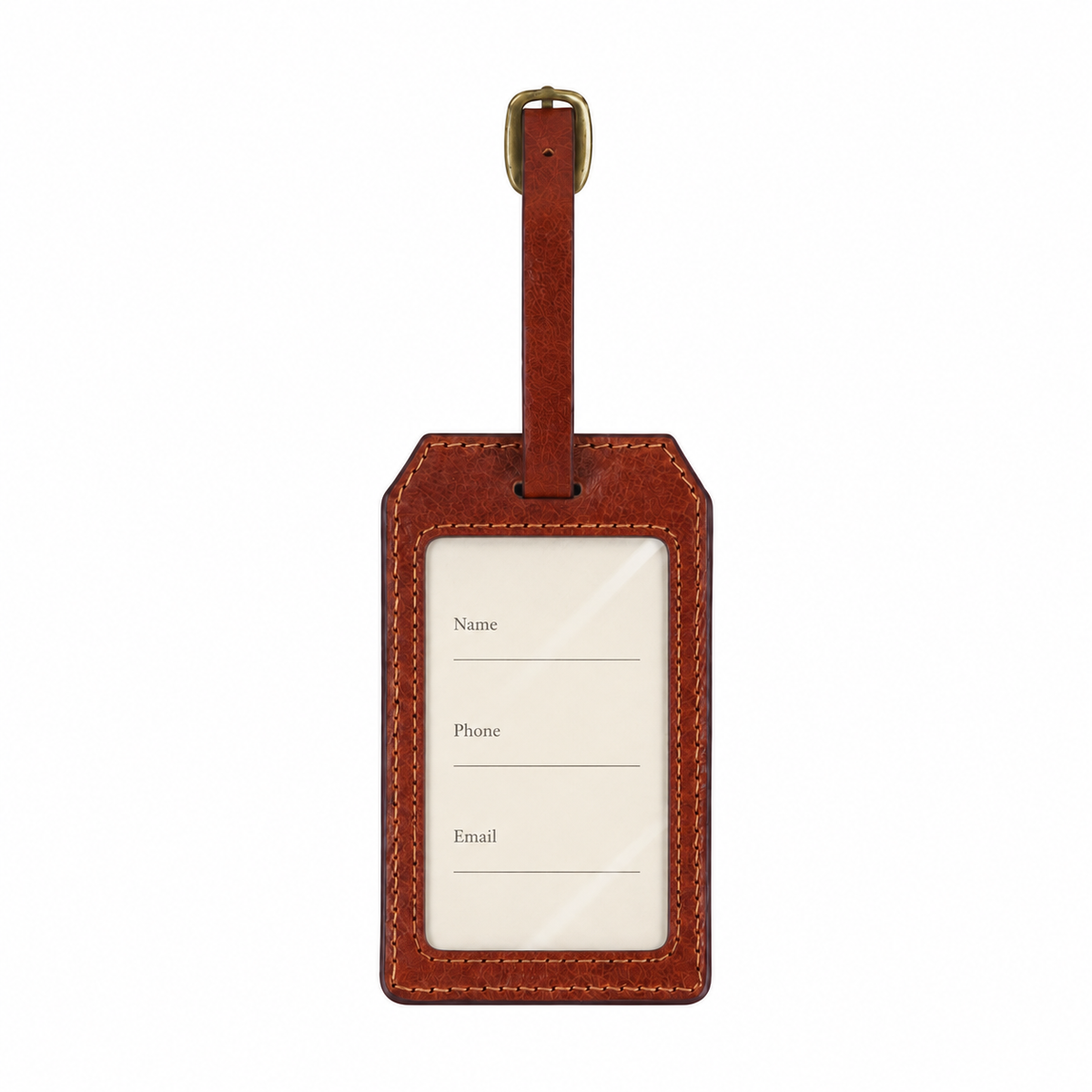 Brown leather luggage tag, front